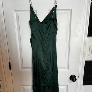 Commense Green Satin Dress with Faux Pearl Staps - Small